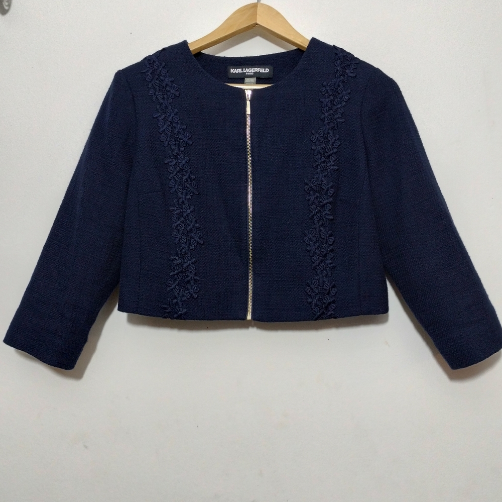 Karl Lagerfeld Paris Tweed Womens M Navy 3/4 Sleeves Jacket Full Zip Minimalist
